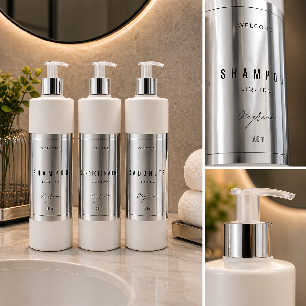 Colagem detalhes kit branco: etiqueta metalizada e pump cromado