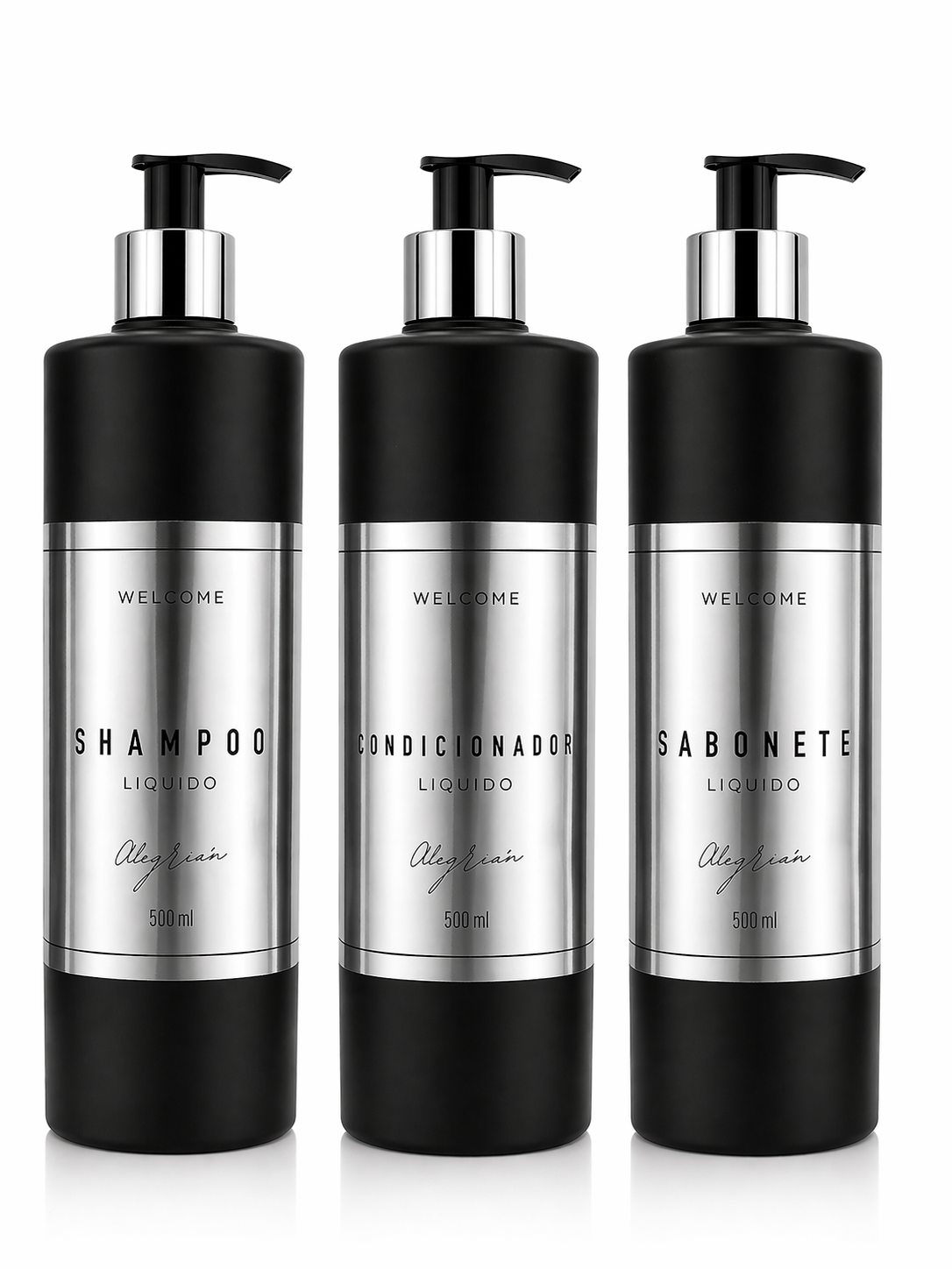 Kit Dispenser WeGreen 500ml modelo preto fundo estúdio