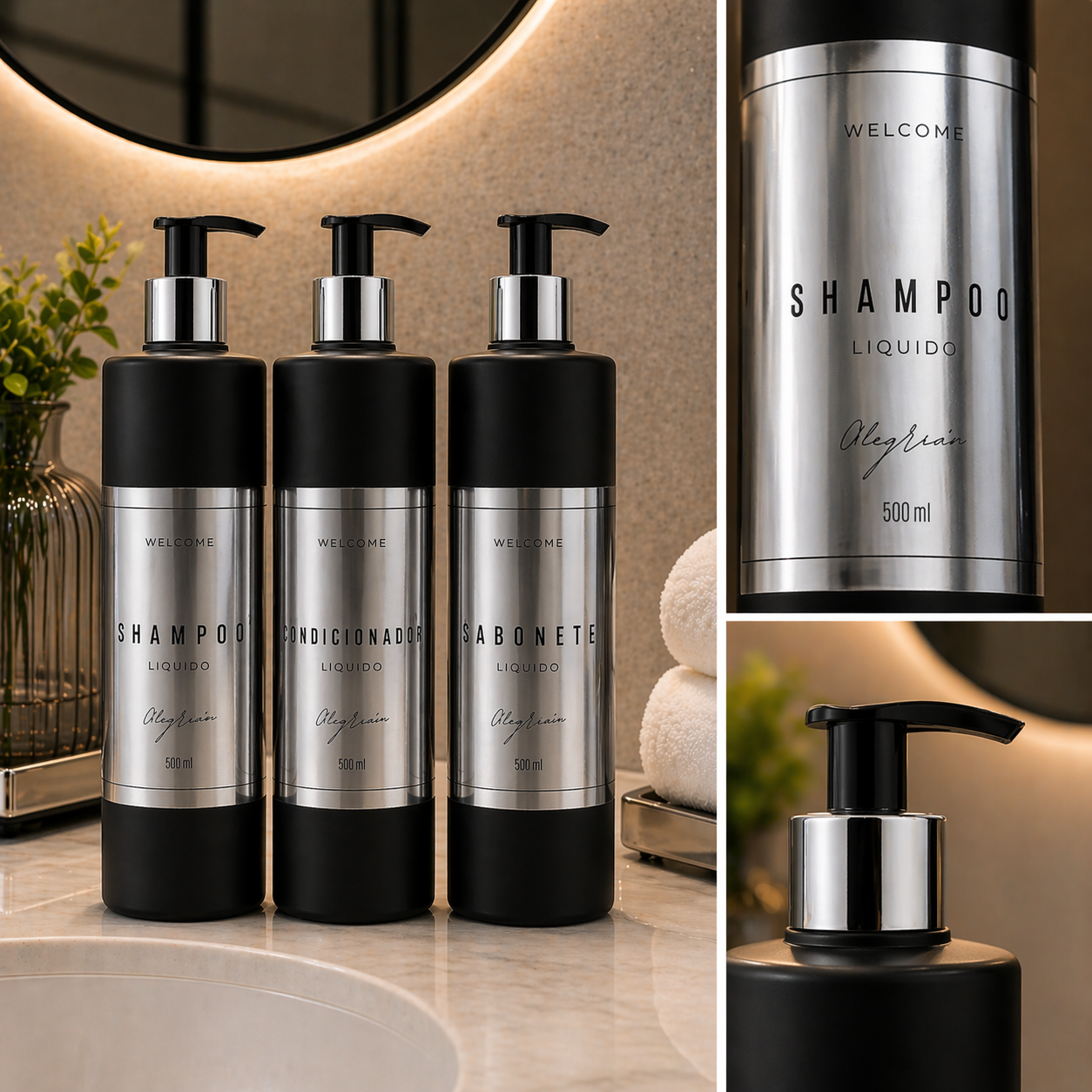Colagem detalhes kit preto: etiqueta metalizada e pump preto cromado